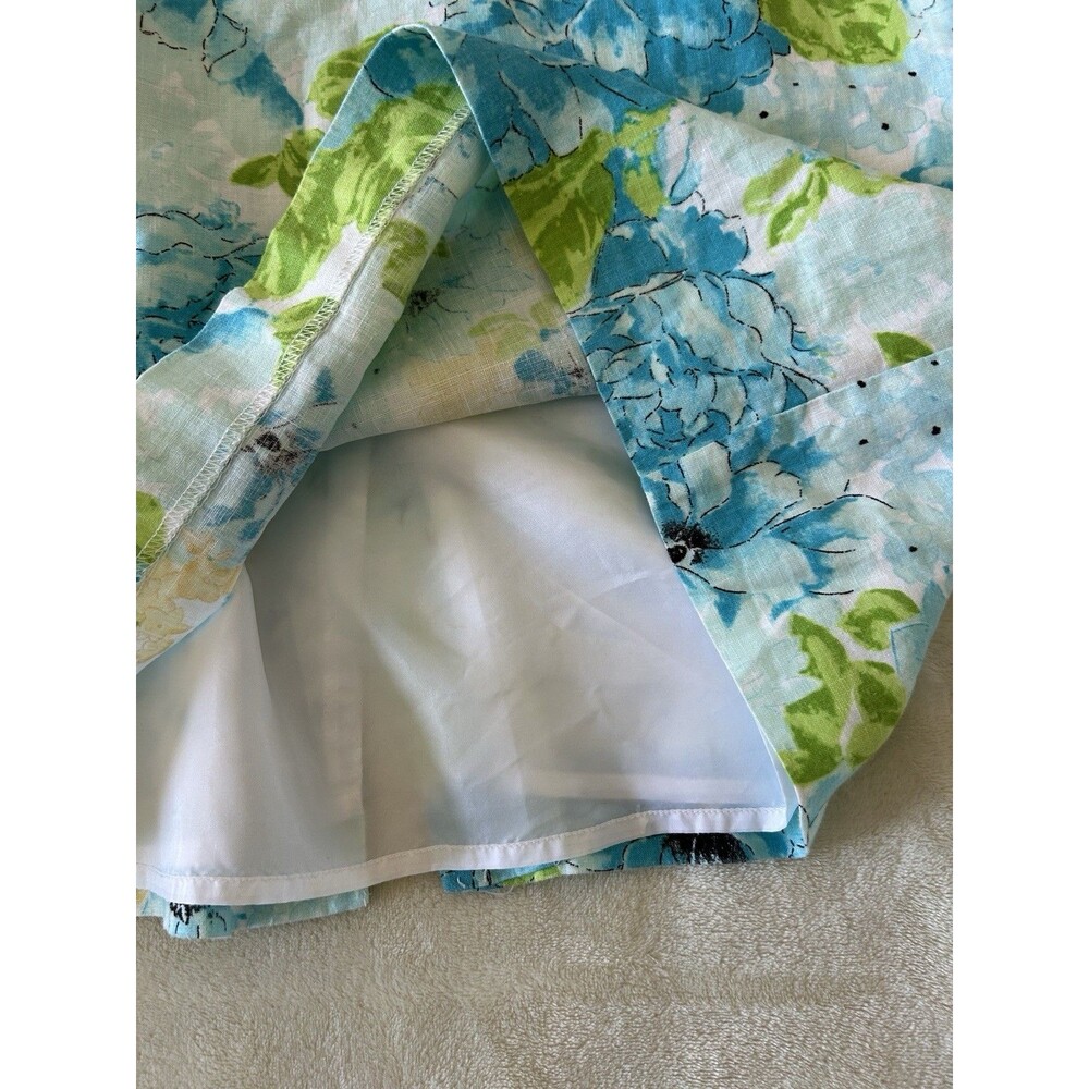 Kim Rogers Linen Shift Dress Womens 16 Blue Floral Sleeveless Pleated Neck - Picture 8 of 10